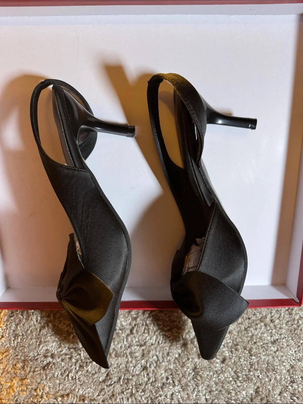 On Running Black Satin Pointed Slingback Heels with Bow